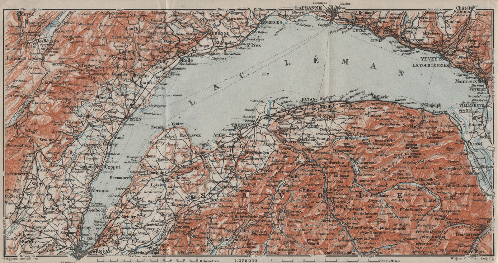 LAKE GENEVA/LAC LÉMAN. St Cergue Chatel St Jean d'Aulph Lausanne Evian 1909 map